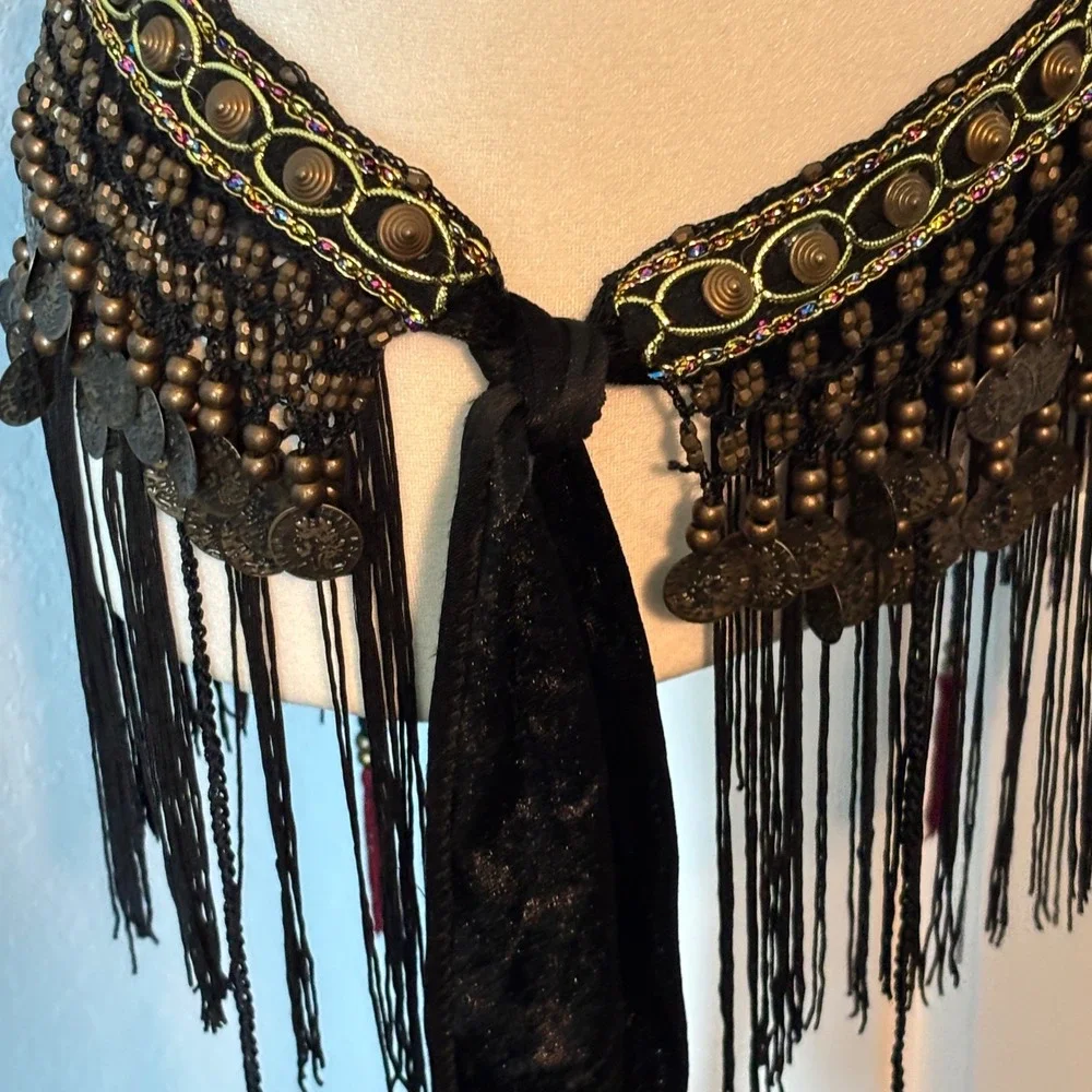 Bohemian Belly Dance Hippie Tribal Scarf Black Velvet Gold Coin Fringe Wrap Belt